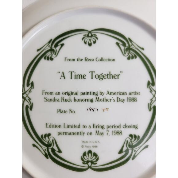 Vintage Reco 1988 "A Time Together" by Sandra Kuck Collectible Plate 9" #1947TT - Picture 8 of 9